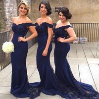 Wholesale 2018 Cheap Navy Blue Maid Of Honor Dresses Sweetheart Satin Mermaid Bridesmaid Dresses Off Shoulder Lace Top Long Wedding Party Dresses