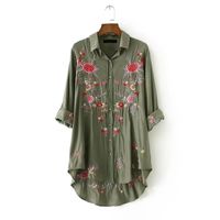 Wholesale Women Embroidery Blouse Army Green Shirt Long Sleeve Turn down Collar Long Tops Asymmetrical hem Casual Camisas Blusas Feminina