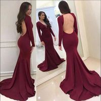 Wholesale Sexy Open Back Burgundy Long Sleeve Evening Dresses Court Train Simple Red Carpet Gowns Formal Prom Wear Custom