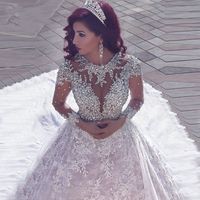 Wholesale Newest Off Shoulder Lace Appliques Ball Gown Wedding Dresses Sequined Bridal Gowns Chapel Train Formal Church Arabic Dubai Luxurious