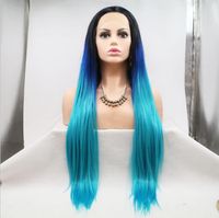 Premier Affordable Lace Front Wigs Negro Azul Verde Ombre Color Alta Temperatura Sintético Pelucas De Pelo Largo Sedoso Peinado Recto