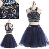Wholesale Navy Pieces Short Cocktail Prom dresses halter Keyhole Back Bling Crystal Beaded Ruched Tulle A line Rhinestones Homecoming Party Dress