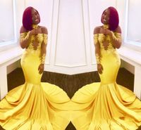Wholesale Beautiful Mermaid Arabic Evening Dresses Sheer Long Sleeve Yellow Lace Plus Size Saudi African Prom Party Women Gowns Formal Wear