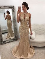 Wholesale Luxury Beaded Sequins Mermaid Prom Dresses Halter Keyhole Neck Sexy Criss Cross Backless Evening Party Gowns Hand Made