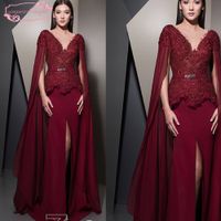 Wholesale Ziad Nakad Evening Dresses Wine Red Lace Appliques Beading Peplum Front Slit Mermaid Long Evening Gowns Arabic