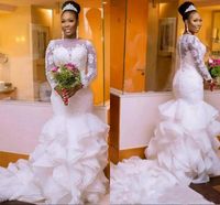 Wholesale South African Nigerian Wedding Dresses Plus size Long Sleeve Sheer Neck Bodycon Fishtail Mermaid Bridal Gowns Beaded Chic Layer Ruffles