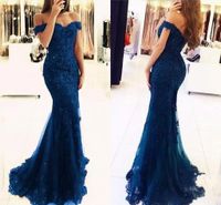 Wholesale 2021 Off The Shoulder Mermaid Long Evening Dresses Tulle Appliques Beaded Custom Made Formal Evening Gowns Prom Party Wear