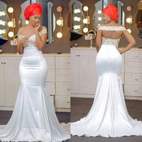 Wholesale Off The Shoulder Mermaid Evening Dresses Appliques Lace Satin Backless Aso Ebi African Nigerian Prom Dresses Sweep Train