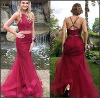 Wholesale Floor Length High Neck Crop Top Lace Two Piece Burgundy Lace Evening Gown Separate Trumpet Prom Dresses With Open Back