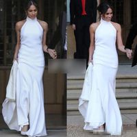 Wholesale Elegant White Mermaid Wedding Dresses Prince Harry Meghan Markle Wedding party Gowns Halter Soft Satin Wedding Recept Dress