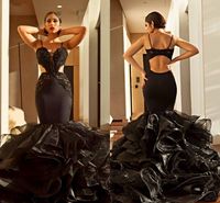 Wholesale New Sexy Black Mermaid Prom Dresses Spaghetti Straps Cutaway Sides Evening Gowns with Tulle Ruffles Train Red Carpet Party Gowns