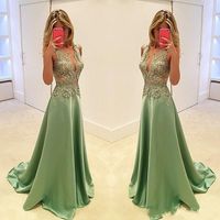 Wholesale 2020 Sexy Elegant Olive Green Evening Dresses Wear V Neck Satin Lace Appliques Beading Sleeveless Prom Gowns Plus Size Formal Party Dress