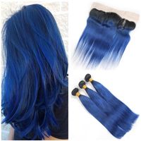 Wholesale Ombre Blue Virgin Brazilian Hair Bundles with Lace Frontal Closure x4 Two Tone B Blue Ombre Human Hair Weaves with Full Lace Frontals