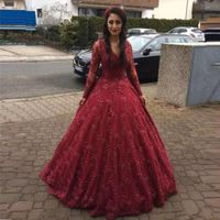 Wholesale 2018 New Burgundy Quinceanera Ball Gown Dresses V Neck Full Lace Crystal Long Sleeves Sweet Satin Plus Size Party Prom Evening Gowns