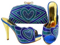 Wholesale Elegant royal blue women shoes with heart pattern rhinestone bag for dress african pumps match purse set JZC005