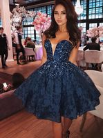 Wholesale Navy Blue Lace Homecoming Dresses For Juniors Beaded Sheer V Neck Short Prom Gowns Knee Length A Line Cocktail Party Dress