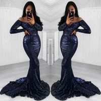 Wholesale Sparkle Navy Blue Sequined Mermaid Prom Dresses Newest Off Shoulder Vintage Long Sleeves Evening Gowns Sweep Train