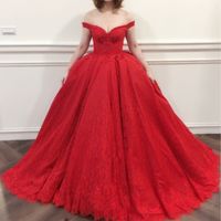 Wholesale Red Lace Ball Gown Prom Dresses Sexy Vestido de Noiva Beaded Appliques Lace Long Evening Gowns Off Shoulder Sleeveless Party Gown