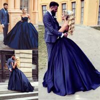 Wholesale Cheap Dark Navy Blue Satin Ball Gown Arabic Quinceanera Dresses Sweetheart Lace Up Floor Length Bridal Dresses Fashion Sweet Prom Gowns
