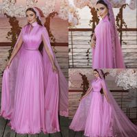 Wholesale Said Mhamad Wedding Dress Pink High Collar Crystal Belt Floor Length Chiffon Bridal Gowns With Meters Lace Veil
