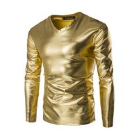 Wholesale New Trend Metallic Golden T Shirt Men Night Club Fashion Mens Slim Fit V Neck Long Sleeve Tshirt Tee tshirts Homme