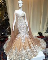 Wholesale Gold Mermaid Lace Prom Dresses With Cape Sweetheart Neck D Floral Appliqued Evening Gowns Sleeveless Sweep Train Tulle Formal Dress