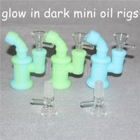 Wholesale Glow Silicone Mini Dab Rig Hookah Portable Recycler Bong Glass Oil Rigs Bubbler mm Bent Neck Nectar Collector Unbreakable Water Pipes
