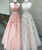 Wholesale Stunning Two Pieces Lace Prom Dresses Beaded Halter Neck Sequined Party Evening Dress Floor Length Tulle Appliqued Formal Gowns