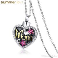 Wholesale retro cute crystal flower mom heart necklace stainless steel memorial cremation urn necklace pendant bone ash jewelry for women