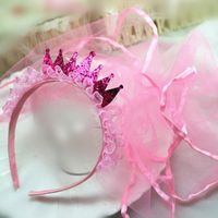 Wholesale Children Girls Princess Lace Gold Crown Headband Tiara With Long Pink Veil Hair Band Kids Headwear Party Hair Accessories