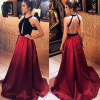 Wholesale 2018 Newest Style Dark Red and Black Evening Dresses Halter Bodice Ruffles Satin Prom Dresses Backless Sweep Train Formal Party Dress