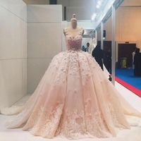 Wholesale Blush Pink D Floral Ball Gown Wedding Desses Sheer Neck Puffy Skirt Lace Flower Cathedral Train Dubai Arabic Princess Wedding Gown