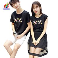 Wholesale Korean Couple Clothes Lovers Women Fashion Summer Short Sleeve Casual Dresses Print Cute Sweet Girls Cotton Patchwork Mesh Dress