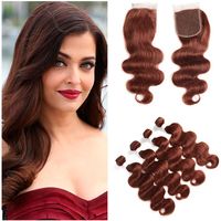 Virgin Peruvian Dark Auburn Human Hair Weave Extensions With Lace Closure 4x4 Body Wave 33 Copper Red Human Hair Bundles Deals With Closure