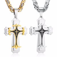 Wholesale Stainless Steel Necklaces Pendants Gold Black Tone Fleur de lis Cross Pendant Necklace Long Byzantine Chain Men Jewelry