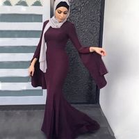 Wholesale 2019 Dark burgundy Grape tumpet Long Evening Dresses Elegant Muslim Dresses Vestidos Jewel Neck Flare long Sleeves Mermaid Fitted Prom Gowns