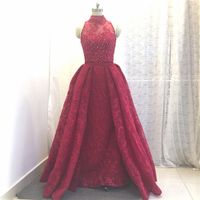 Wholesale Burgundy Mermaid Long Prom Dress High Collar Lace Beading Formal Party Gowns Sequin Pleat Detachable Skirt