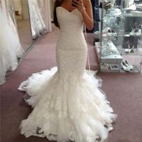 Wholesale Beaded Lace Mermaid Wedding Dresses Vintage Sweethart Court Train Wedding Gown Ivory Tiered Tulle Corset Plus Size Bridal Gowns