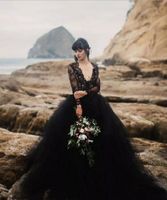Wholesale 2019 Black Beach Wedding Dresses with Long Sleeves V Neck A Line Backless Lace and Tulle Sexy Bride Dress