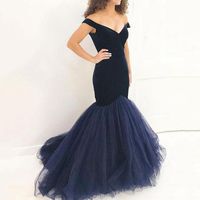 Wholesale Glamorous Navy Blue Top Velvet Mermaid Prom Dresses Sexy V Neck Cap Sleeve Tulle Formal Prom Party Wear Gowns Simple Evening Dress