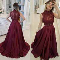 Wholesale 2019 Delicate Burgundy Prom Dresses High Neck Sleeveless Beaded Lace Appliques Illusion Top See Through Back Full Length Evening Party Gown