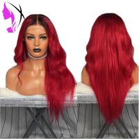 Wholesale Fashion two tone Simulation Human Hair Wig body Wave Wigs With middle part ombre red color synthetic lace front wig for black women