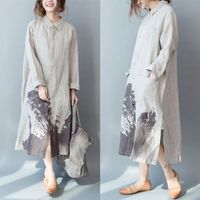 Wholesale Women Long Shirts Loose Cotton Linen Casual Blouses Autumn New Vintage Print Floral Pockets Tops Button Fashion