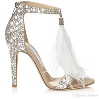 Wholesale 2018 Hot Crystal Embellished White Feather Fringed Rhinestone High Heels Sandals Bridal Wedding Shoes Women Ladies Stiletto Pumps