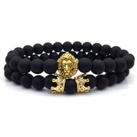 Wholesale 2pcs set New Bead Strand Bracelet Set Pack Lion Head Rhinestone Crown Couple with Lava Onyx Bracelet Lovers Hand Jewelry Bijoux