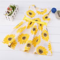Wholesale New Fashion Baby Girls Child Sunflower Pattern Princess Party Kid Summer Sleeveless A Line Dress with Ribbons