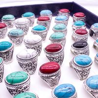 Wholesale 20 Pieces Mix Vintage Stone Ring for Women Men Fashion Jewelry Silver Plated Punk Retro Finger Statement Ring for Party Gift