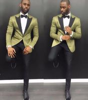 Wholesale Stylish Young Men Suits Summer Notch Lapel Groom Wedding Tuxedos Pieces Army Green Satin Men Party Tuxedo With Black Pants