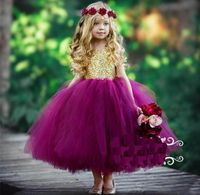 Wholesale 2019 Beauty Gold And Purple Ball Gown Girls Pageant Dresses Sparkly Sequined Tulle Puffy Todder Little Child Party Prom Gowns