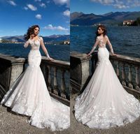 Wholesale 2018 Gorgeous Mermaid Wedding Dresses Sheer Neck Illusion Long Sleeves Lace Appliqued Court Train Corset Beach Bridal Gowns BA8521